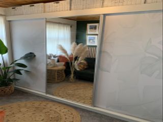 Grey mirrored wardrobe with light print and houseplant
