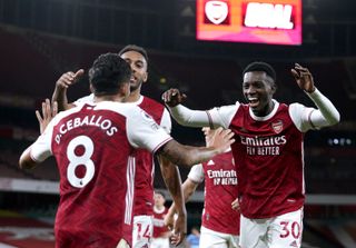 Eddie Nketiah, right, celebrates his goal with Dani Ceballos