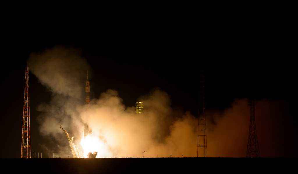 A Russian Soyuz rocket launches a Soyuz TMA-12M capsule carrying NASA astronaut Steve Swanson and cosmonauts Alexander Skvortsov and Oleg Artemyev toward the International Space Station on March 25, 2014 EDT from Baikonur Cosmodrome, Kazakhstan.