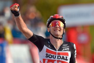 Team Lotto rider Belgiums Tim Wellens celebrates as he crosses the finishline of the 5th stage of the 2020 La Vuelta cycling tour of Spain a 1844km race from Huesca to Sabinanigo on October 24 2020 Photo by ANDER GILLENEA AFP Photo by ANDER GILLENEAAFP via Getty Images