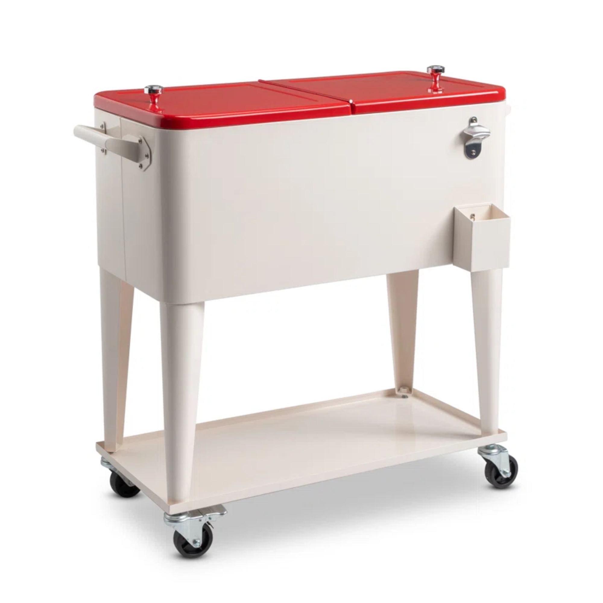 an outdoor bar cart on wheels with a white base and red lids