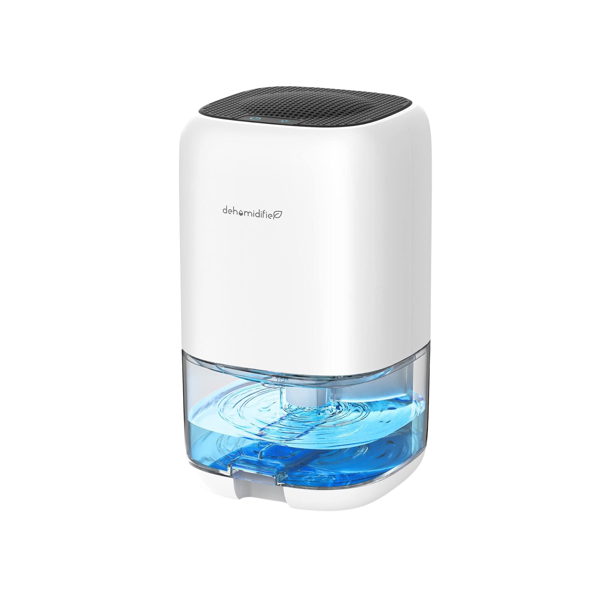 A white dehumidifier with a base with blue colored water in it
