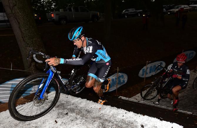 Ben Berden (Raleigh Clement) racing in third position at the stairs with Cody Kaiser behind him