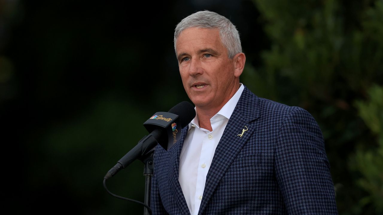 Jay Monahan, PGA TOUR Commissioner, speaks during the trophy ceremony during the final round of THE PLAYERS Championship