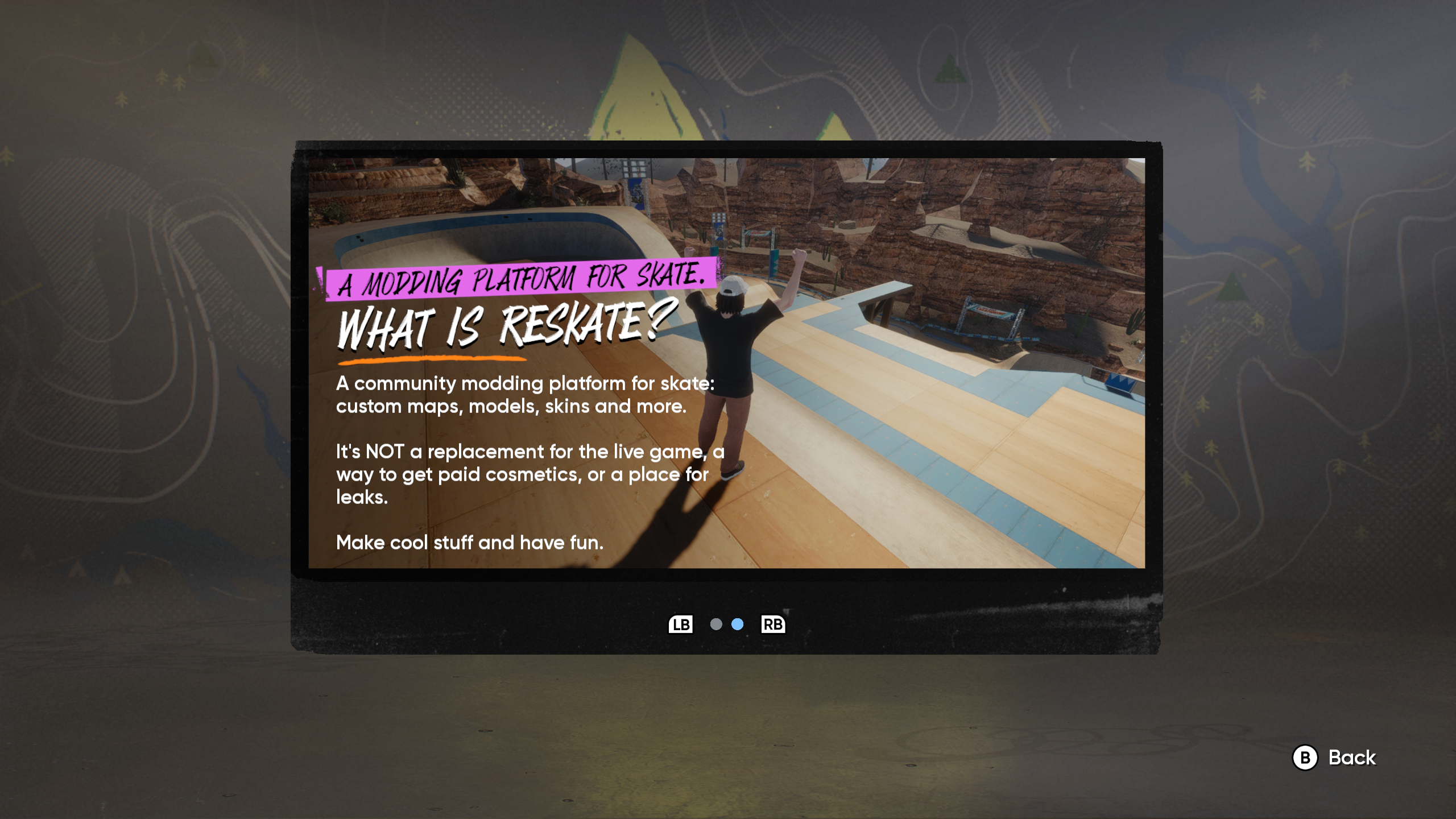 A "What is ReSkate" welcome screen which states that it is "not a replacement for the live game" or a way to get premium cosmetics.