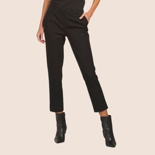 Flat lay image of black tapered trousers