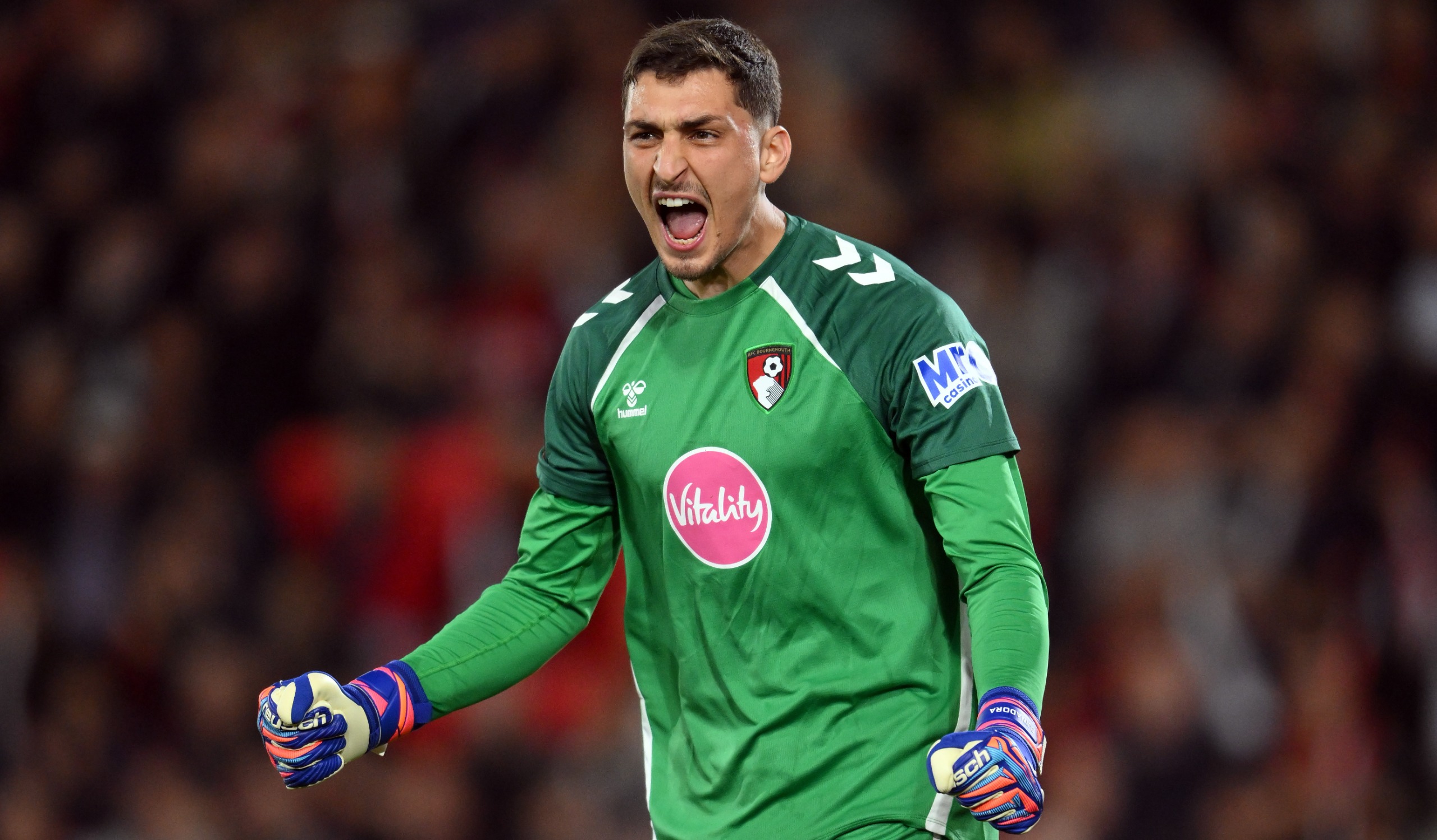 Djordje Petrovic of Bournemouth reacts during the UEFA Europa League 2026/27 League Phase MD2 match against SK Sturm Graz at Bournemouth Stadium on October 15, 2026 in Bournemouth, England