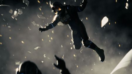 A character from Directive 8020 in an astronaut suit floating in space.