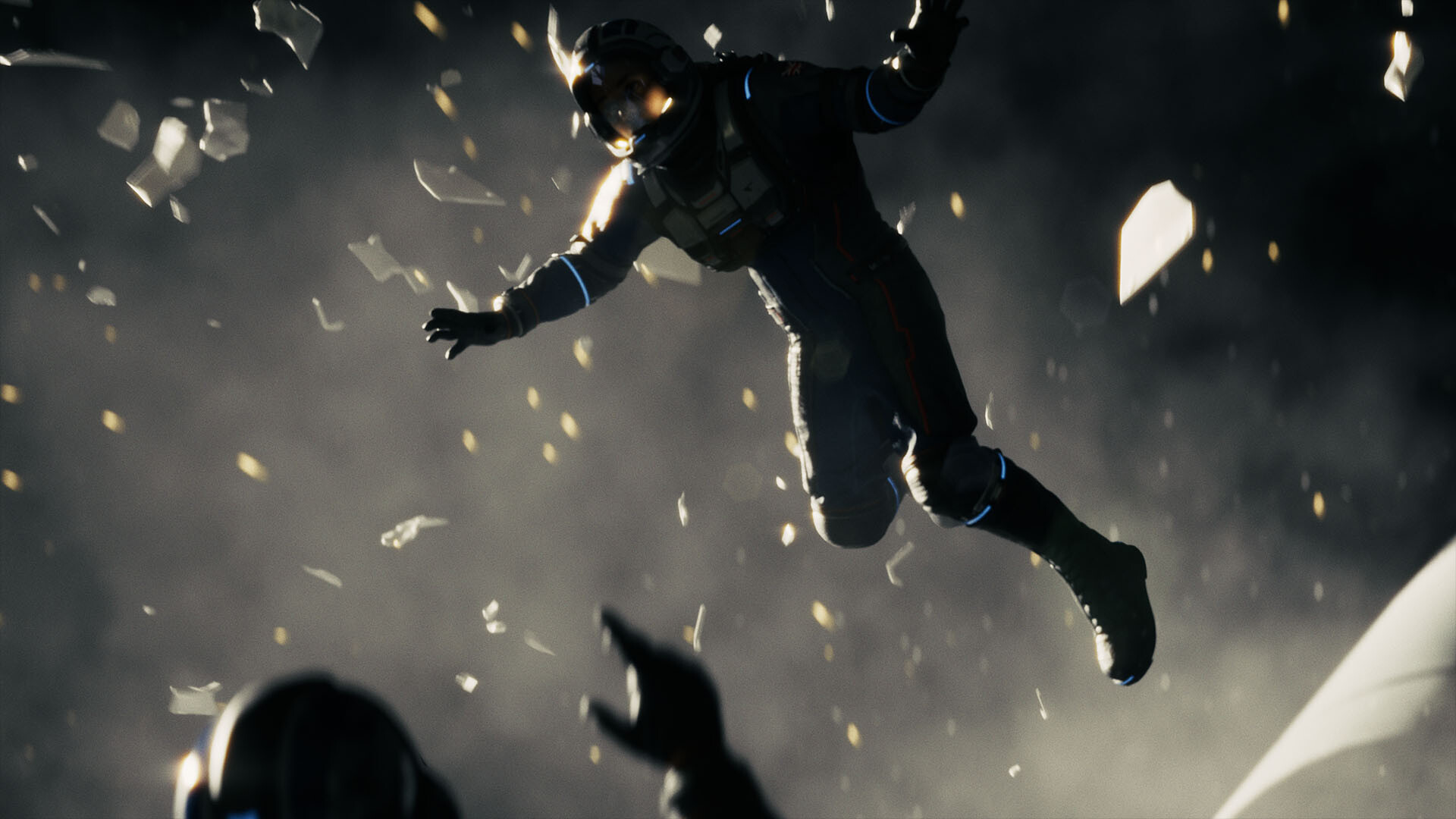 A character from Directive 8020 in an astronaut suit floating in space.