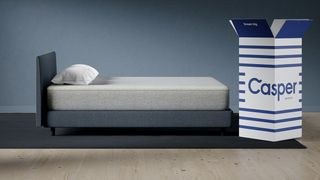 Casper vs Leesa mattress: Casper mattress box shown next to a bed
