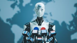 A humanoid robot standing in front of a newscast podium.