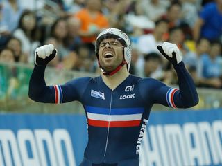 Francois Pervis of France celebrates after winning Men's 1Km Time Trial Final on Day 5 in 2017 UCI Track Cycling World Championships at Hong Kong Velodrome