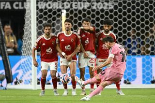 Inter Miami's Argentine forward #10 Lionel Messi attempts a free-kick during the Club World Cup 2025 Group A football match between Egypt's Al-Ahly and US Inter Miami at the Hard Rock stadium in Miami on June 14, 2025.