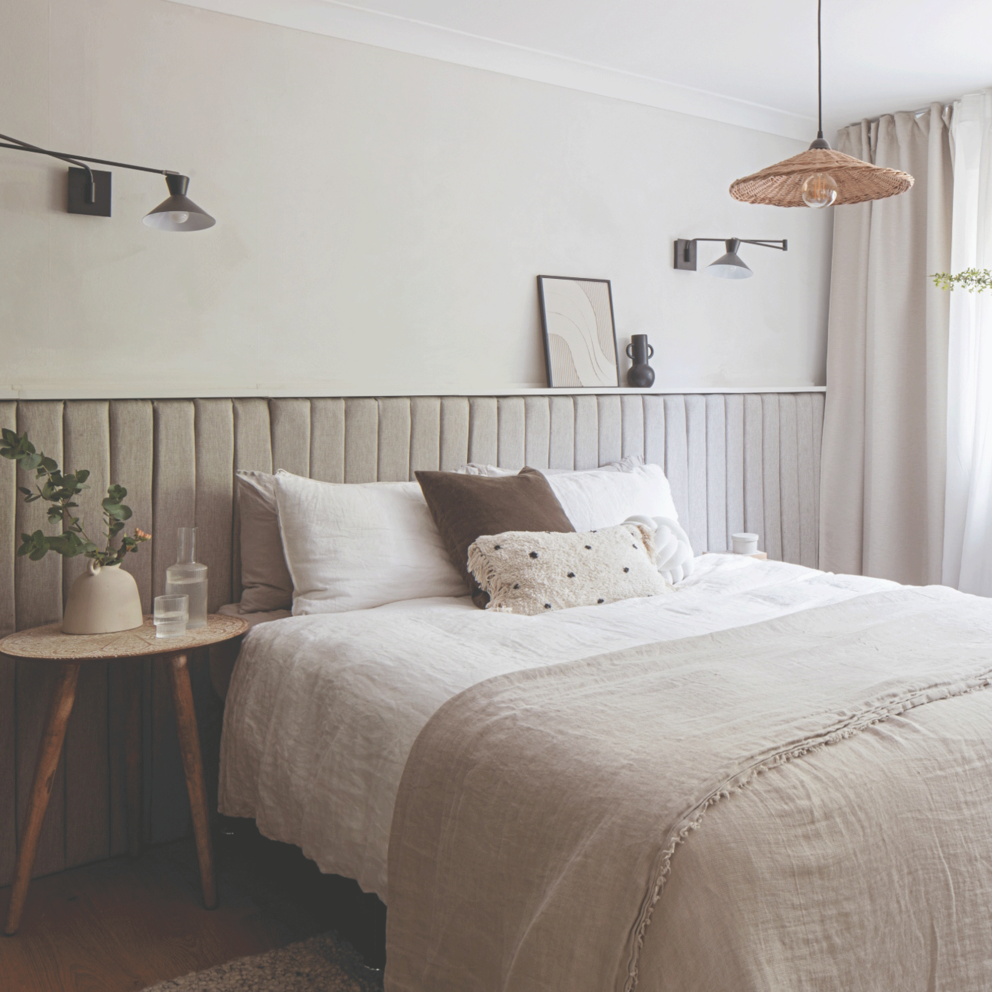 Small bedroom with grey headboard