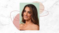 Amal Clooney is pictured with her long, wavy hair pushed behind her shoulders and wearing a red velvet strapless dress at the "Jay Kelly" premiere during the 63rd New York Film Festival at Alice Tully Hall on September 29, 2025 in New York, New York/ in a white and grey marble-look template with pink dots and swirly lines