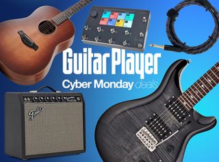 A selection of guitar gear on a blue background