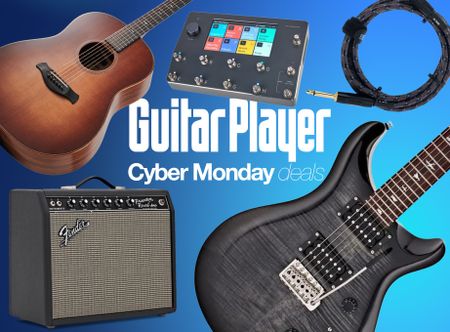 A selection of guitar gear on a blue background