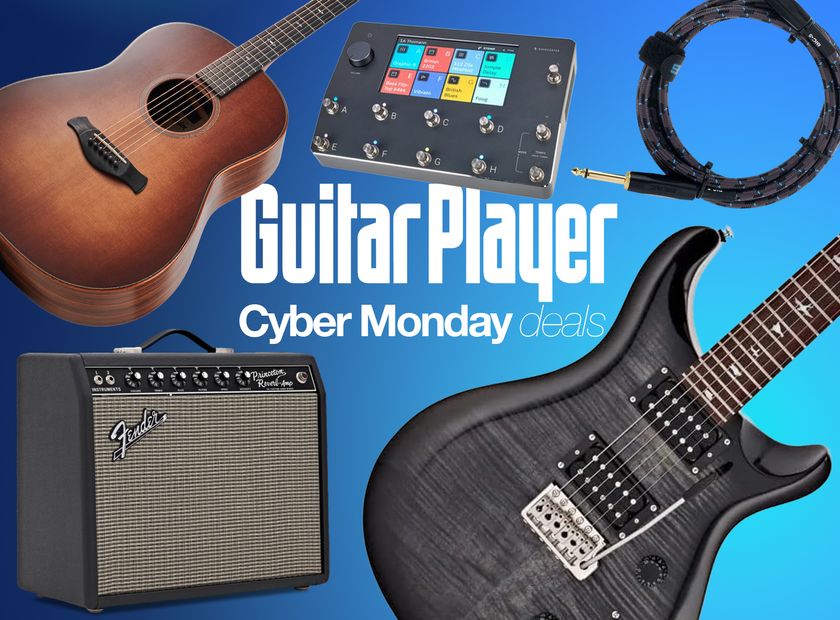 A selection of guitar gear on a blue background