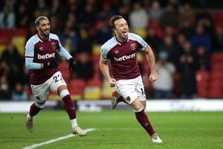 Mark Noble, right, scored