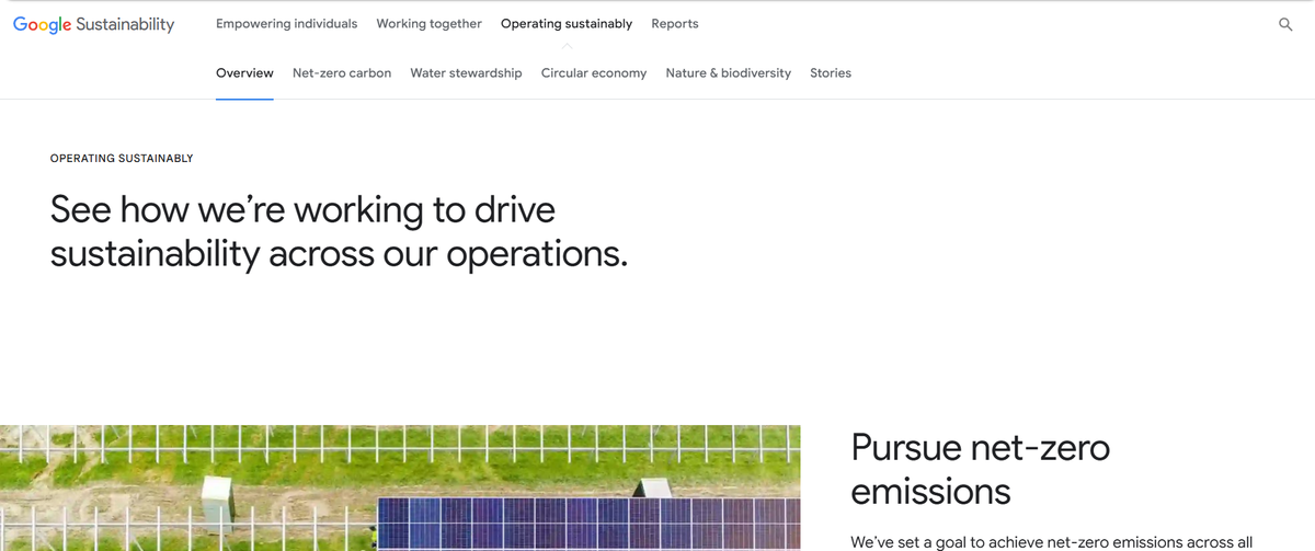Google's Sustainability page, before and after.
