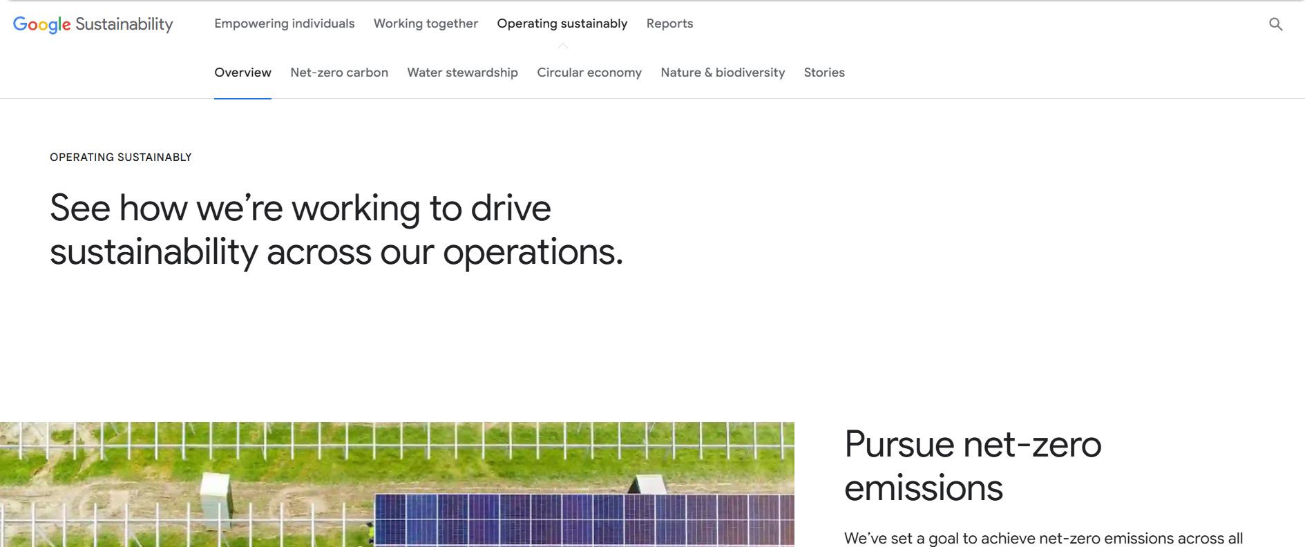 Google's Sustainability page, before and after.