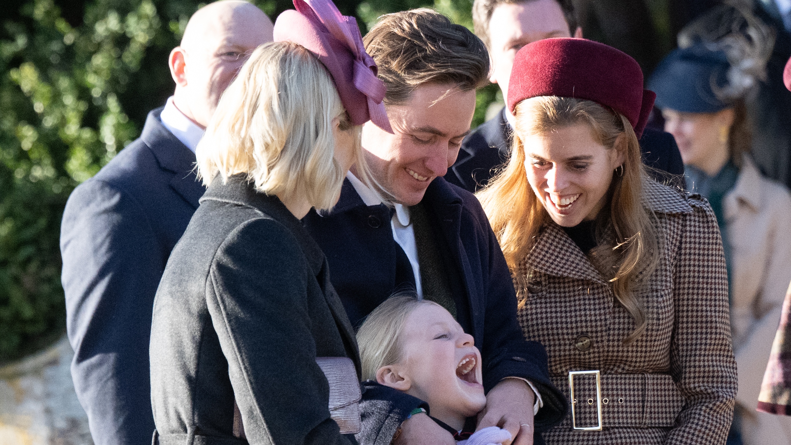 Zara Tindall, Edoardo Mapelli Mozzi, Lena Tindall and Princess Beatrice attend the Christmas Morning Service at Sandringham Church on December 25, 2025