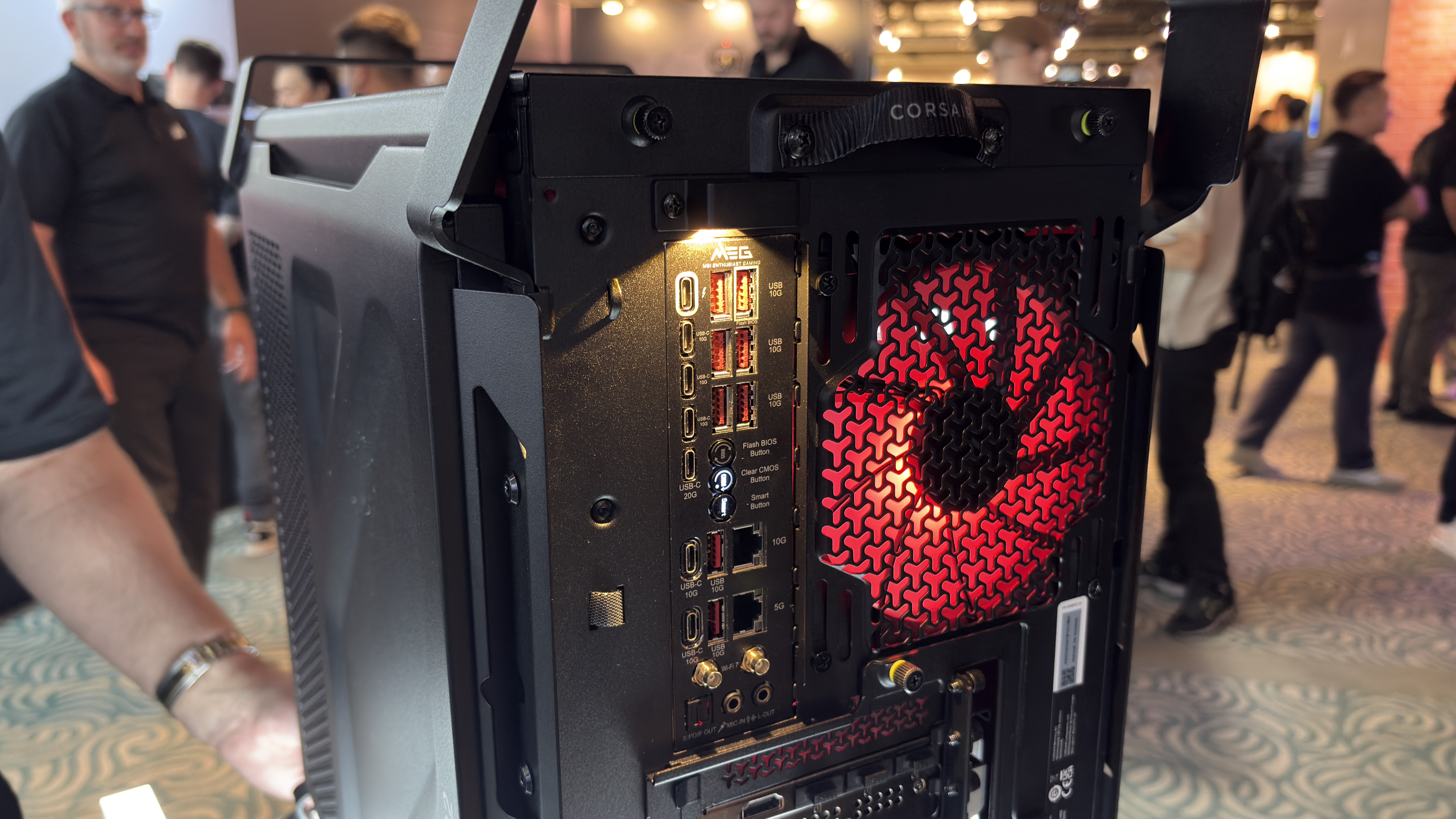 Corsair's new Warthog case with a light over the rear IO panel, at computex 2026.