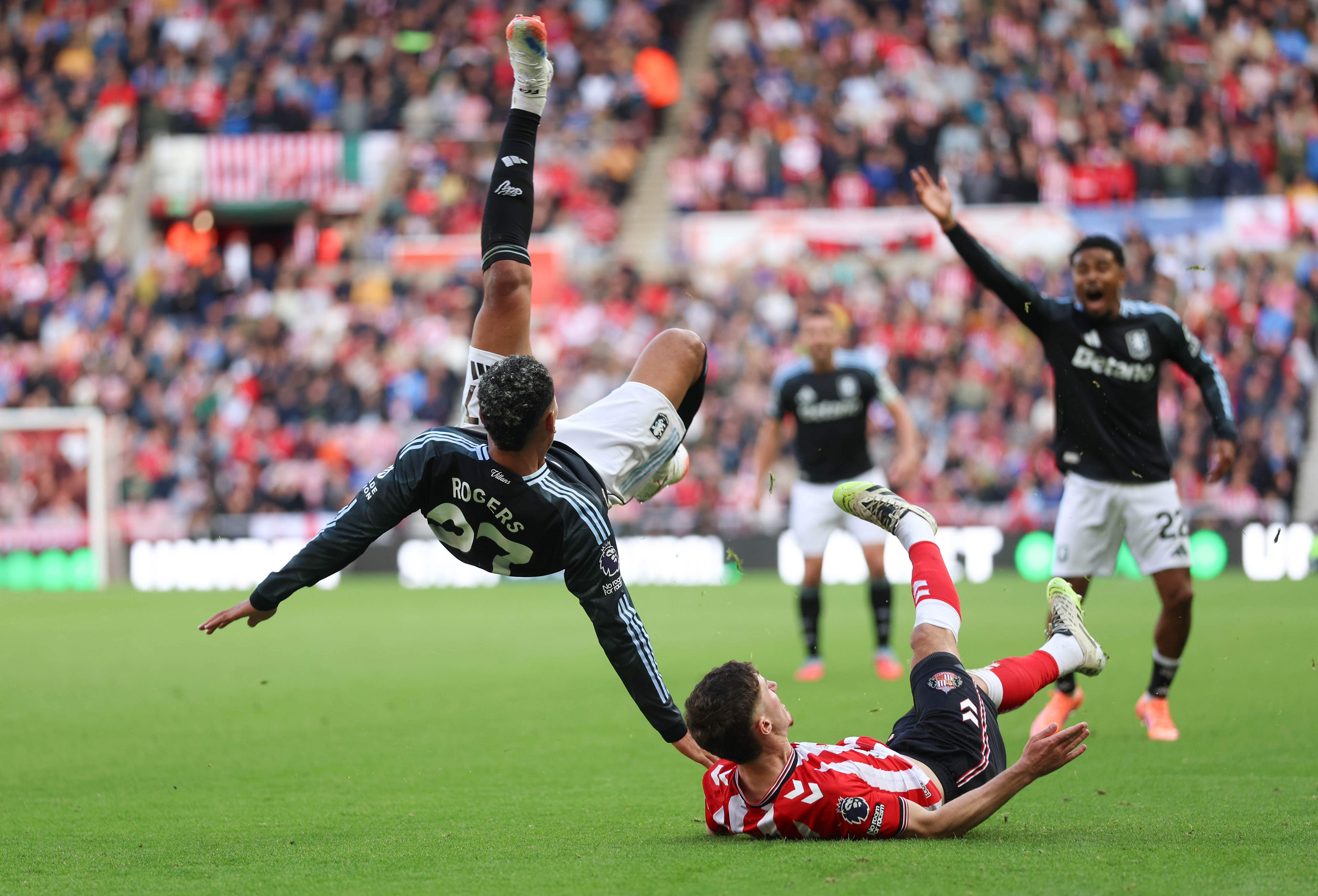 Trai Hume upends Aston Villa man Morgan Rogers