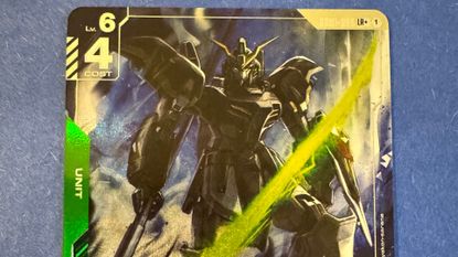 A Gundam on a card staring into the foreground, with numbers and text on the edges