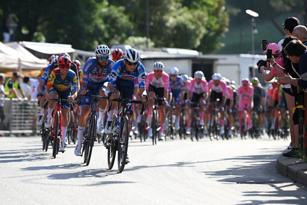ROME ITALY MAY 26 LR Jimmy Janssens of Belgium and Team Alpecin Deceuninck and Mauri Vansevenant of Belgium and Team Soudal QuickStep lead the peloton during the 107th Giro dItalia 2024 Stage 21 a 125km stage from Rome to Rome UCIWT on May 26 2024 in Rome Italy Photo by Dario BelingheriGetty Images
