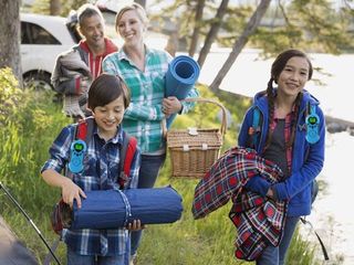 family camping with walkie talkies