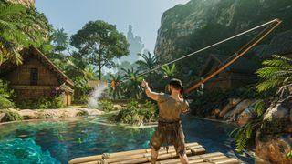 Someone fishing from a lake