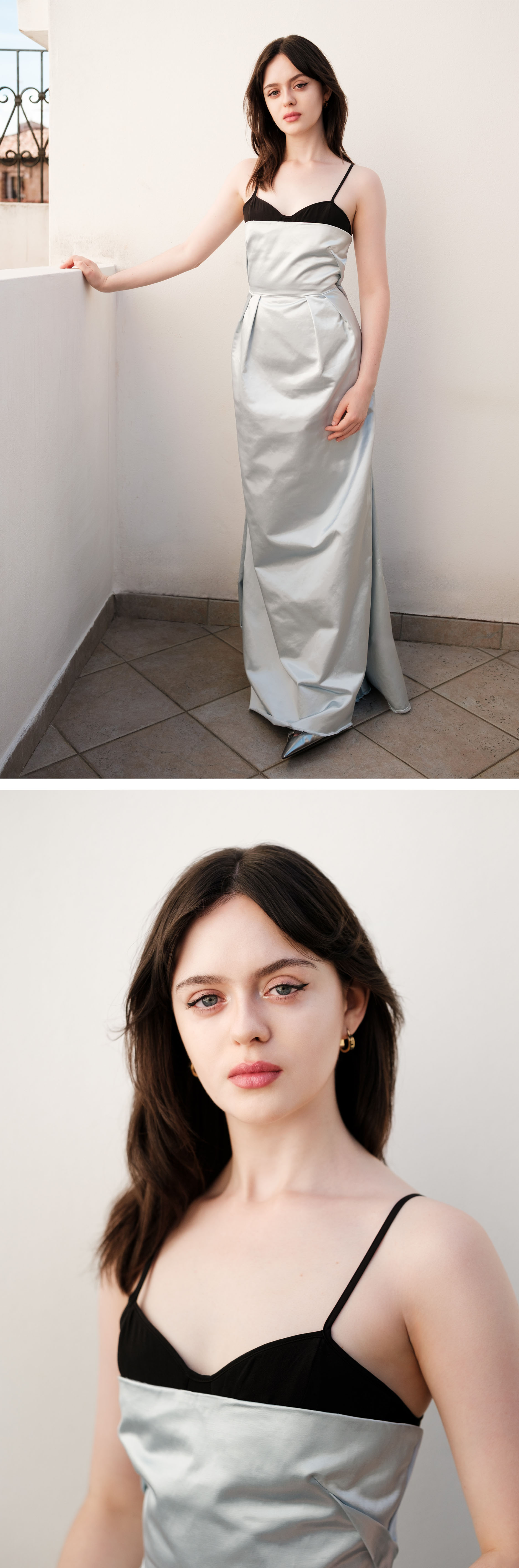 Viola Prettejohn poses for portrait images in her silver satin Miu Miu gown with black bra detailing.
