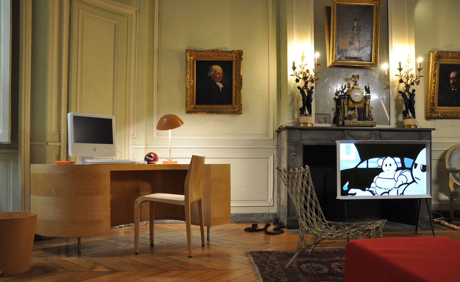 The home office room with plywood desk and table lamp