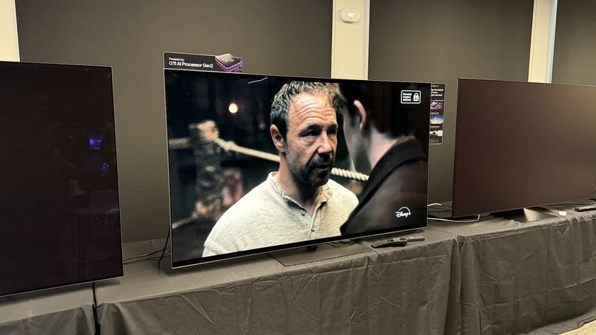 The 65-inch LG G5 OLED TV standing on a grey table. On the screen is an image from boxing TV show &#039;A Thousand Blows&#039;