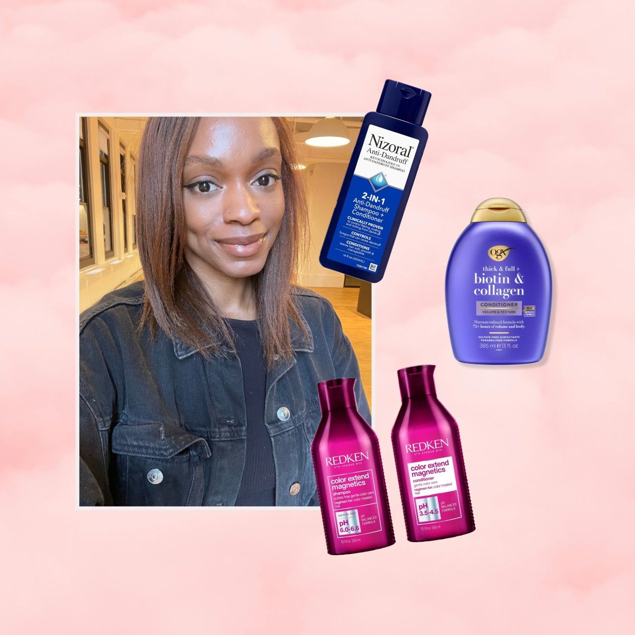 an edit featuring a selfie next to a variety of shampoos and conditioners
