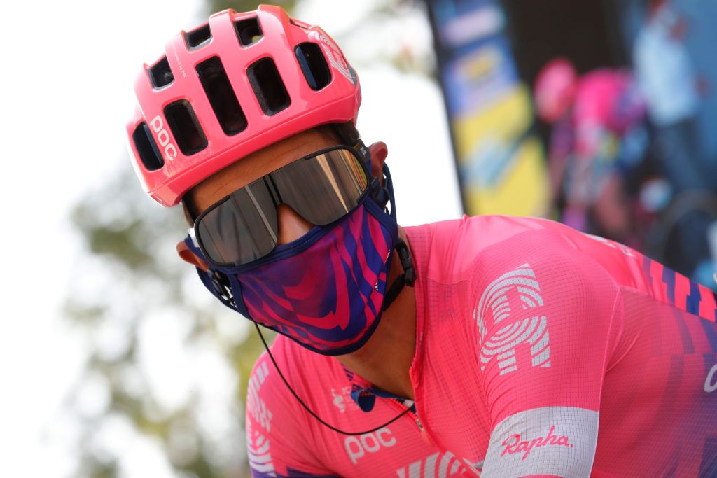 MERIBEL FRANCE SEPTEMBER 16 Start Rigoberto Uran of Colombia and Team EF Pro Cycling Mask Covid safety measures Team Presentation during the 107th Tour de France 2020 Stage 17 a 170km stage from Grenoble to Mribel Col de la Loze 2304m TDF2020 LeTour on September 16 2020 in Mribel France Photo by Christophe Ena PoolGetty Images