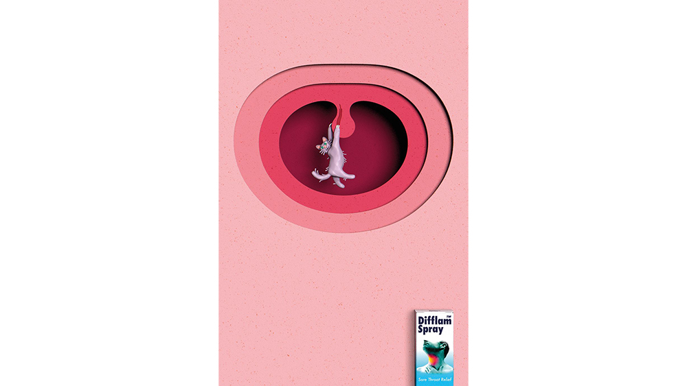 Difflam sore throat ads using a paper cut technique