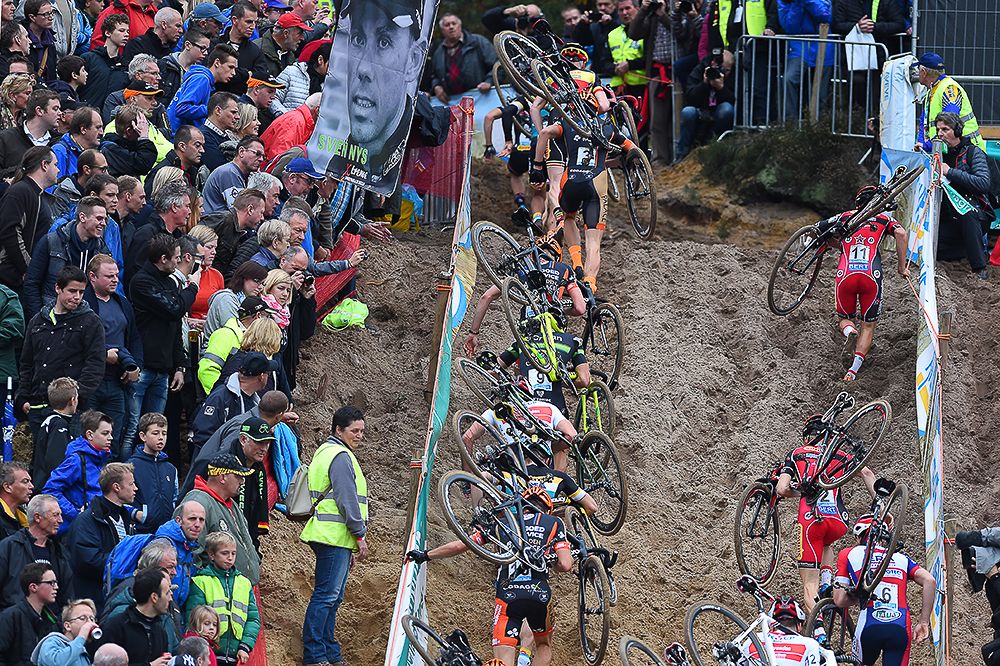 The bunch tackles the climb