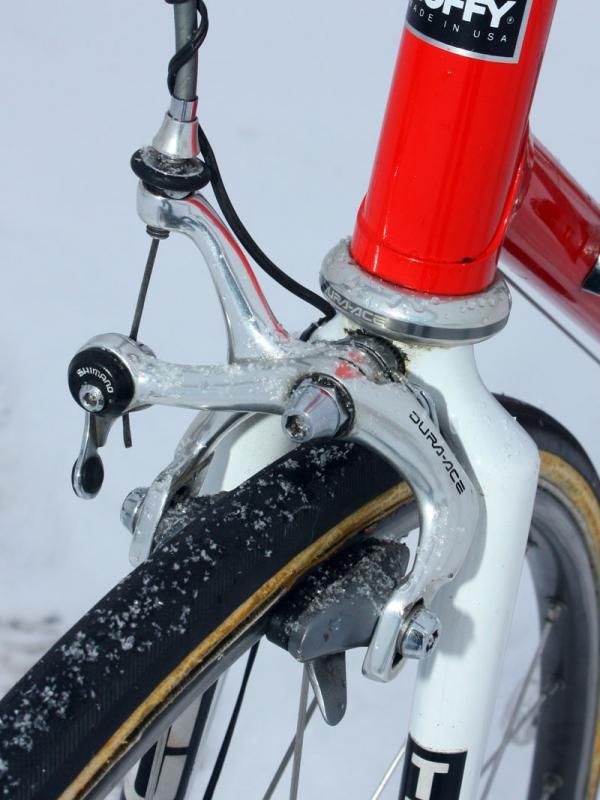 This Shimano Dura-Ace single-pivot brake caliper is over twenty years old but the high-polish aluminum look would still fare well today.