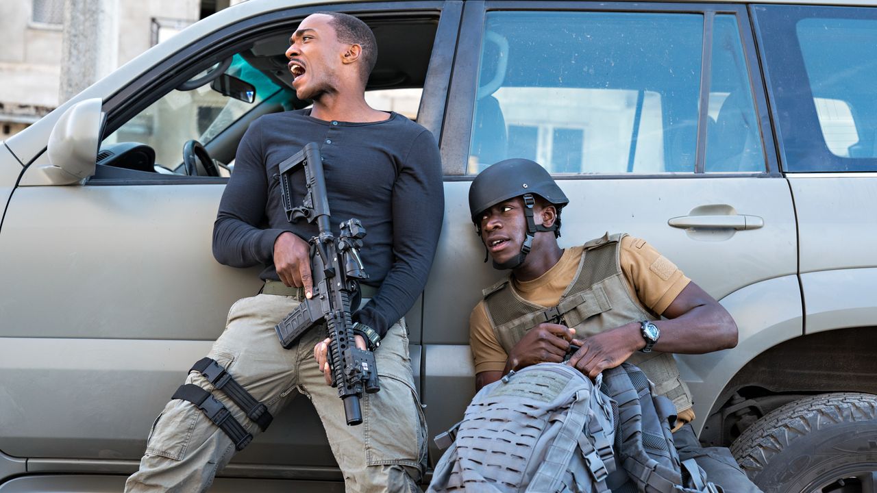 Anthony Mackie and Damson Idris in "Outside the Wire" on Netflix.