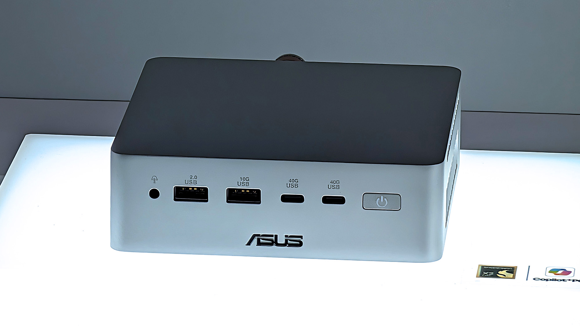 ASUS Ascent QN10 mini PC on an illuminated display at Computex 2026 in Taipei