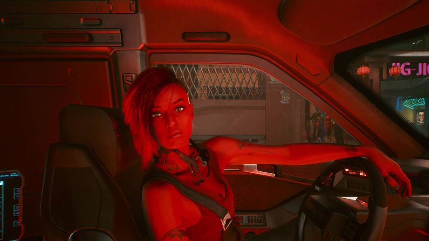 Judy sat at the wheel of her van during the Cyberpunk 2077 Disasterpiece mission.