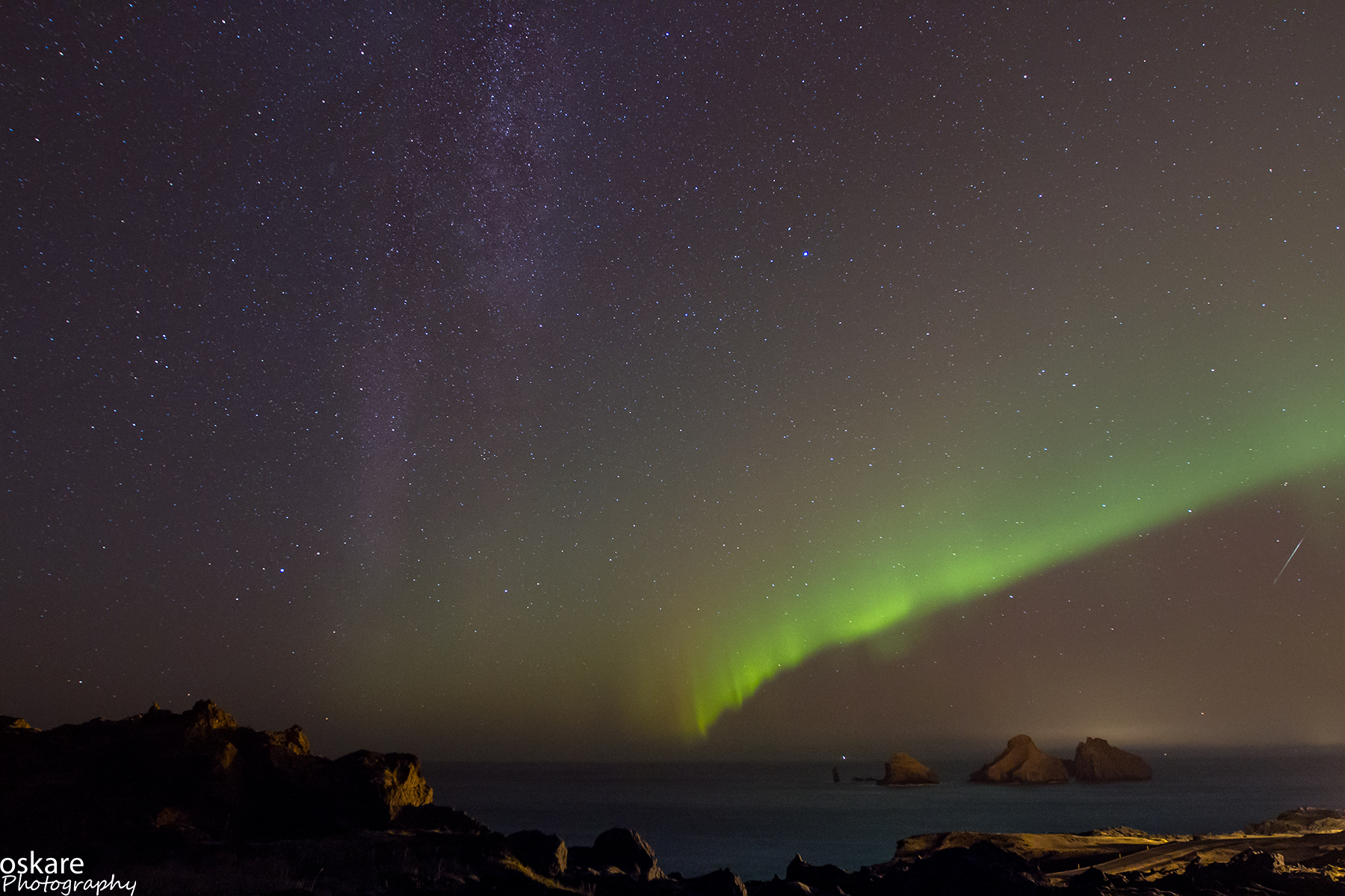 Milky Way, Aurora Borealis and a Meteor