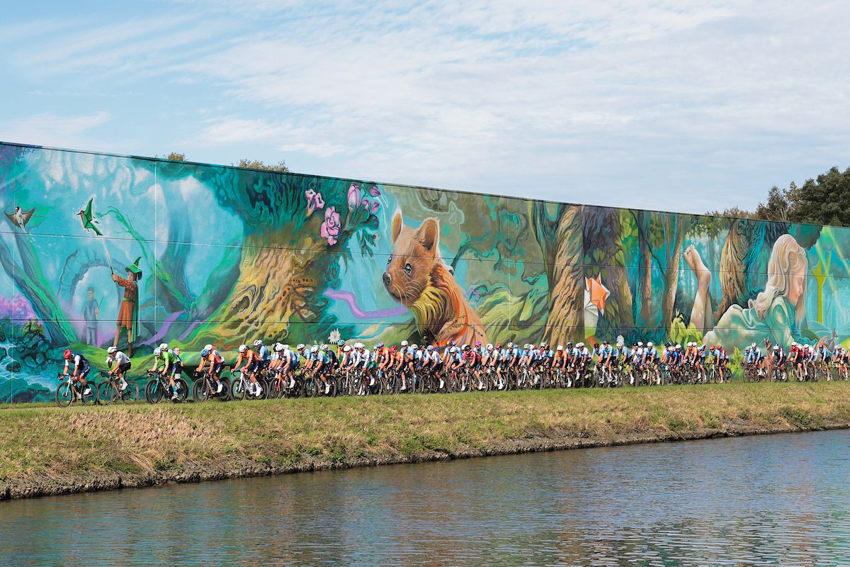 Picture by Alex Whitehead/SWpix.com - 06/10/2024 - Cycling - 2024 UCI Gravel World Championships, Halle-Leuven, Belgium - Men Elite Race - The Bunch passes a Mural &acirc;The Enchanted Forest&acirc;