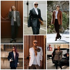 A graphic collage of women at Milan and Paris Fashion week wearing spring 2025's best blazers