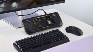 Image of Steam Deck docked with keyboard and mouse running GeForce Now