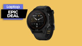 Garmin Forerunner 955 Solar smartwatch in black against orange background