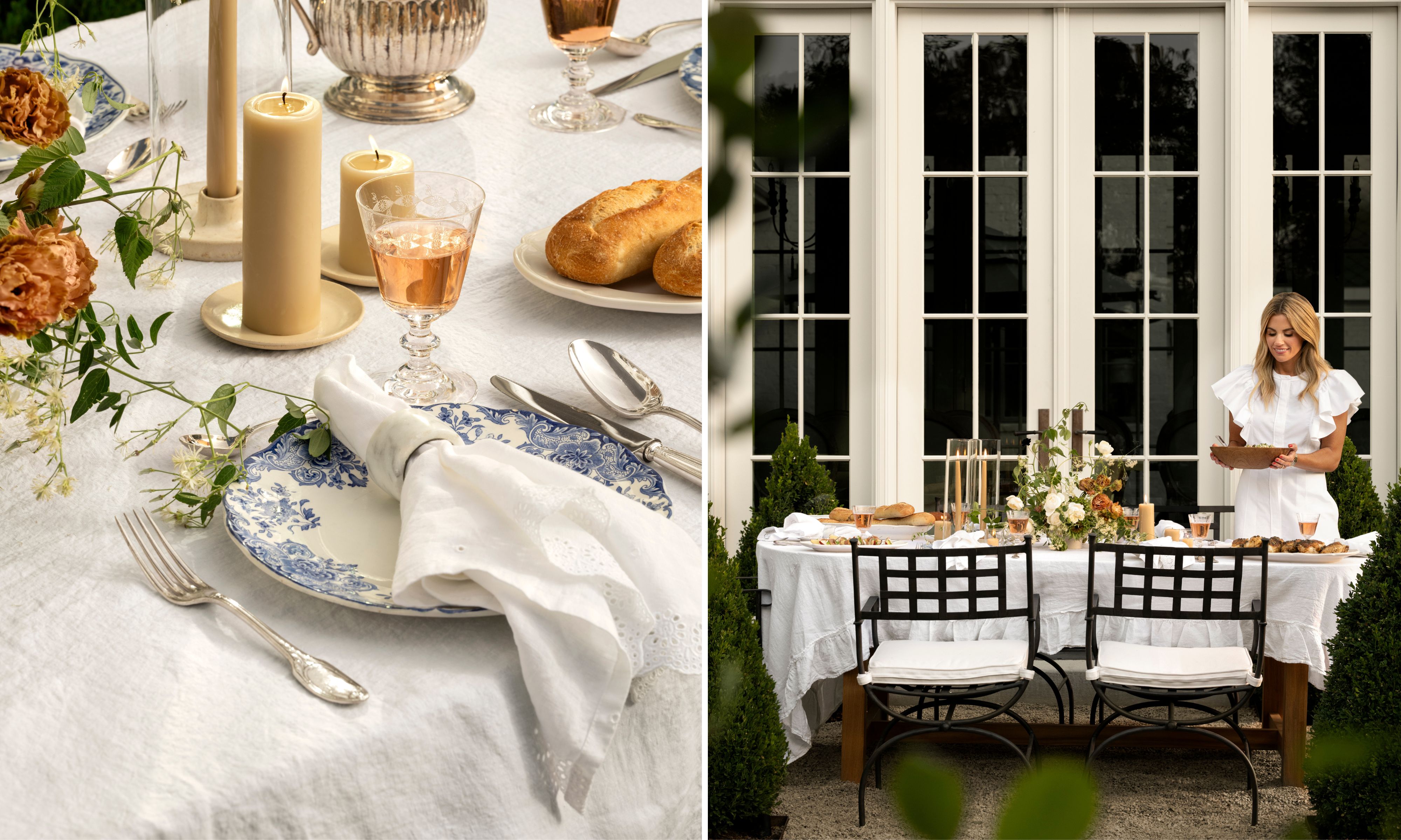 The left shows a close-up of a table set with blue and white china and silver cutlery on a white linen cloth; the right shows Shea in a white dress standing at the decorated table