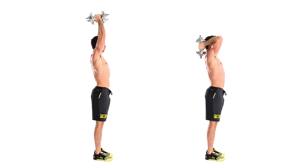 Man demonstrates two positions of dumbbell triceps extension exercise
